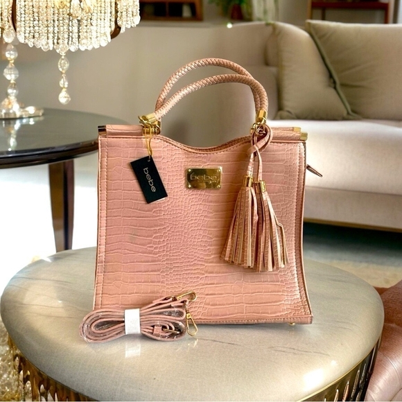 NWT BEBE Natalie Dusty Pink Croco Bag Tassel Satchel Handbag Purse Tote - Picture 1 of 7